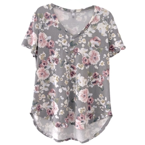 ACTING PRO • Floral Print Light Grey & Pink High-Low Short Sleeve Top Blouse - Picture 1 of 9